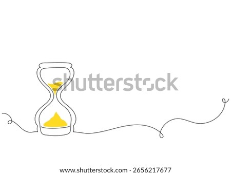 One continuous line drawing of an hourglass with flowing sand. Minimalist retro timer symbolizing time passing, business deadlines, and urgency. Simple linear doodle style vector illustration