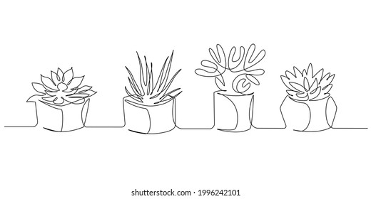 One continuous Line drawing of House plants in pots. Eco interior with succulents for apartment in simple linear style. Editable stroke Vector illustration