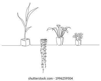 One continuous Line drawing of House plants in pots. Succulents and Foliage flowers for apartment in simple linear style. Editable stroke Vector illustration