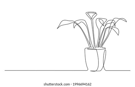 Un plano continuo de la línea de la planta caducifolia de la casa en la olla. Hermosa flor casera de estilo lineal simple. Ilustración del vector de trazo editable