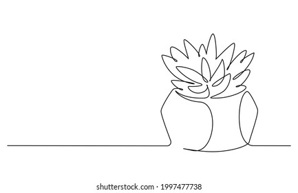 One continuous Line drawing of House plant in pot. Home potted Succulent in simple linear style. Editable stroke Vector illustration