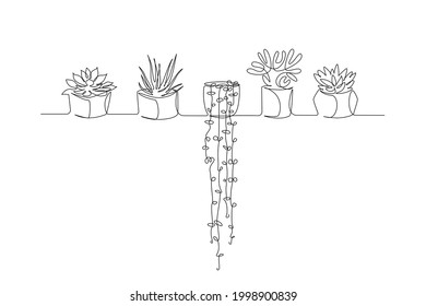 One continuous Line drawing of House plants in pots. Succulents and Beautiful flowers for apartment in simple linear style. Editable stroke Vector illustration