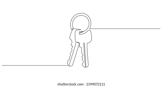 One continuous line drawing of house keys. Real estate and password and security concept in simple linear style. Editable stroke. Doodle vector illustration