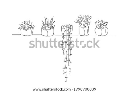 One continuous Line drawing of House plants in pots. Succulents and Beautiful flowers for apartment in simple linear style. Editable stroke Vector illustration