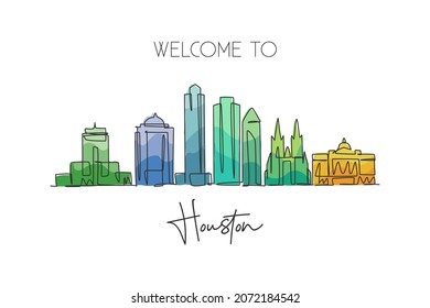 One continuous line drawing Houston city skyline, United States of America. Beautiful landmark. World famous city landscape poster. Editable stylish stroke single line draw design vector illustration