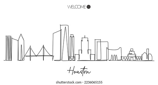 Un dibujo de línea continua de la silueta de Houston con copia de Welcome to Houston. Famoso destino turístico en EEUU. Diseño sencillo a mano para la campaña de promoción de viajes y turismo