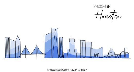 One continuous line drawing of Houston skyline in monochromatic blue. Famous tourism destination in USA. Simple hand drawn style design for travel and tourism promotion campaign