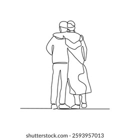 One continuous line drawing of a hugging each other vector illustration. Social activity design concept in simple linear style vector. Great design for for moslem celebration and education purpose.