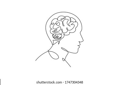 One continuous line drawing of human head with smart brain inside from side view logo icon. Psychological office logotype symbol template concept. Trendy single line draw design vector illustration