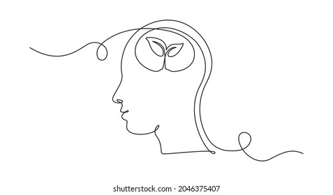 One continuous line drawing of human head with plant inside. Mental health and psychology vector concept. Creative ideas, grow up, positive thinking and self care. Growth mindset skills illustration