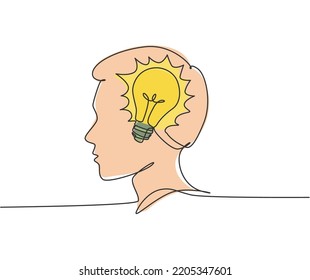 One Continuous Line Drawing Of Human Man With Light Bulb Brain Inside The Head Icon Logo Emblem. Innovation Symbol Logotype Template Concept. Modern Single Line Draw Design Graphic Illustration