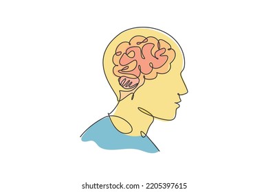 One Continuous Line Drawing Of Human Head With Smart Brain Inside From Side View Logo Icon. Psychological Office Logotype Symbol Template Concept. Trendy Single Line Draw Design Vector Illustration