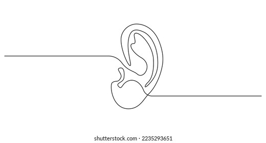 One continuous line drawing of human ear. Icon Symbol of hear health and sensory aid in simple linear style. Mascot concept for world deaf day editable stroke. Doodle vector illustration