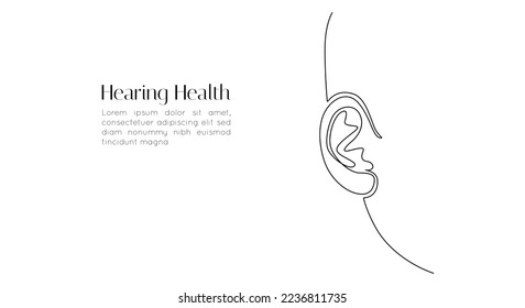 One continuous line drawing of human ear. Modern Symbol of hearing health and sensory aid in simple linear style. Mascot concept for world deaf day editable stroke. Doodle vector illustration