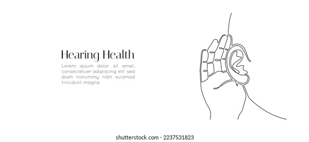 One continuous line drawing of human ear with hand. Icon Symbol of bad hearing health and sensory aid in simple linear style. Concept for world deaf day editable stroke. Doodle vector illustration