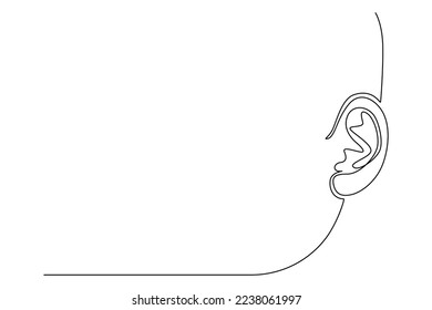 One continuous line drawing of human ear with front face. Icon Symbol of hear health and sensory aid in simple linear style. Concept for world deaf day editable stroke. Doodle vector illustration