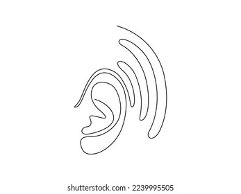 One continuous line drawing of human ear. Icon Symbol of hear health and sensory aid in simple linear style. Outline concept for world deaf day editable stroke. Doodle vector illustration