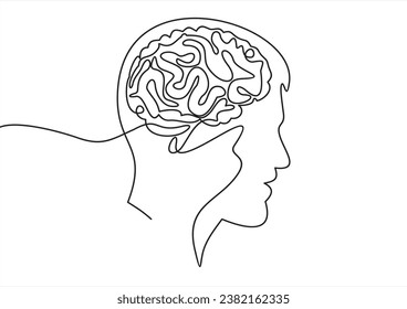 One continuous line drawing of human head with smart brain inside from side view logo icon. Psychological office logotype symbol template concept. Trendy single line draw design vector illustration
