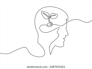 Un dibujo continuo de la cabeza humana con planta dentro. Concepto de vector de salud mental y psicología. Ideas creativas, crecidas, pensamiento positivo y autocuidado. Ilustración de habilidades de mentalidad de crecimiento