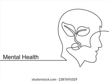 Un dibujo continuo de la cabeza humana con planta dentro. Concepto de vector de salud mental y psicología. Ideas creativas, crecidas, pensamiento positivo y autocuidado. Ilustración de habilidades de mentalidad de crecimiento