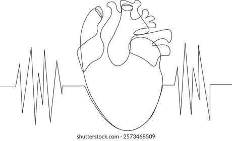 One continuous line drawing of human heart organ. single line of human heart concept illustration.  editable outline
