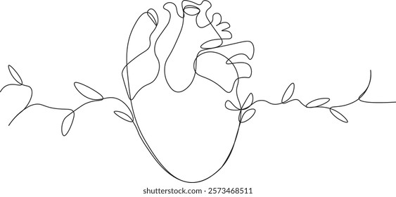 One continuous line drawing of human heart organ. single line of human heart concept illustration.  editable outline
