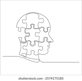 One continuous line drawing of human head shaped puzzle. single line of human problem complexity concept. editable stroke
