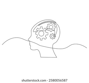 One continuous line drawing of human head with gears inside. Cogwheels in human body symbol of technolgy in simple linear style. Editable outline illustration