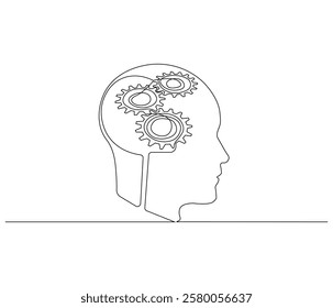 One continuous line drawing of human head with gears inside. Cogwheels in human body symbol of technolgy in simple linear style. Editable outline illustration