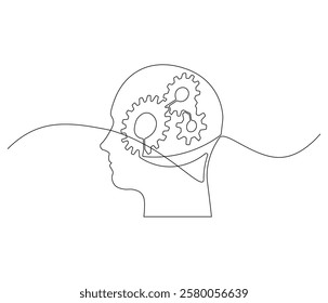 One continuous line drawing of human head with gears inside. Cogwheels in human body symbol of technolgy in simple linear style. Editable outline illustration