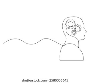 One continuous line drawing of human head with gears inside. Cogwheels in human body symbol of technolgy in simple linear style. Editable outline illustration