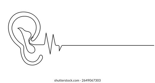 Um desenho de linha contínua do ouvido humano . Uma linha de ilustração do vetor do ouvido humano, Um ouvido humano, uma linha contínua. Prótese auditiva em desenho contínuo de uma linha do ouvido humano. Aparelho auditivo