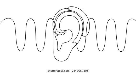 Um desenho de linha contínua do ouvido humano . Uma linha de ilustração do vetor do ouvido humano, Um ouvido humano, uma linha contínua. Prótese auditiva em desenho contínuo de uma linha do ouvido humano. Aparelho auditivo