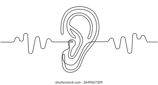 Um desenho de linha contínua do ouvido humano . Uma linha de ilustração do vetor do ouvido humano, Um ouvido humano, uma linha contínua. Prótese auditiva em desenho contínuo de uma linha do ouvido humano. Aparelho auditivo