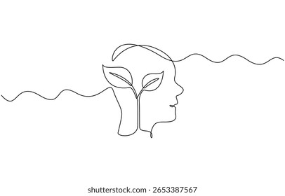 One continuous line drawing of human head with plant inside. Mental health and psychology vector concept. Mental health concept. Self care symbol. Vector illustration.