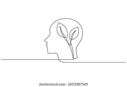 One continuous line drawing of human head with plant inside. Mental health and psychology vector concept. Mental health concept. Self care symbol. Vector illustration.