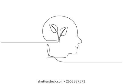 One continuous line drawing of human head with plant inside. Mental health and psychology vector concept. Mental health concept. Self care symbol. Vector illustration.