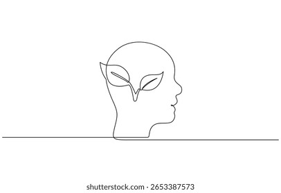 One continuous line drawing of human head with plant inside. Mental health and psychology vector concept. Mental health concept. Self care symbol. Vector illustration.