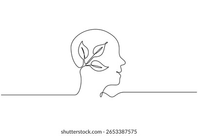 One continuous line drawing of human head with plant inside. Mental health and psychology vector concept. Mental health concept. Self care symbol. Vector illustration.