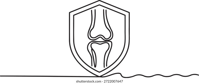 Um desenho em linha contínua de uma articulação do joelho humano encerrada num escudo de proteção. Simbolizando saúde articular, cuidados ortopédicos, prevenção de lesões e ossos fortes. Ideal para conteúdo médico, de saúde, fitness e relacionado ao bem-estar. Ilustração de vetor simples e limpa.