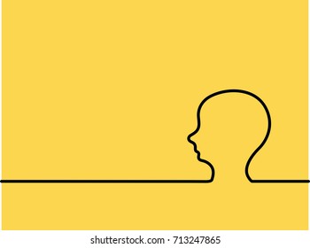 One continuous line drawing of human head silhouette on yellow background. EPS10 vector illustration for banner, web, design element, template, postcard. Black thin line of man, people image.