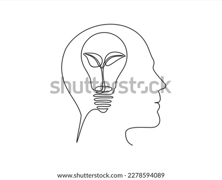 One continuous line drawing of human head with light bulb and plant inside.  Creative ideas, grow up, positive thinking and self care. Growth mindset skills illustration