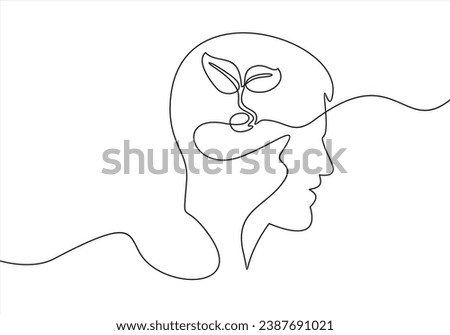 One continuous line drawing of human head with plant inside. Mental health and psychology vector concept. Creative ideas, grow up, positive thinking and self care. Growth mindset skills illustration
