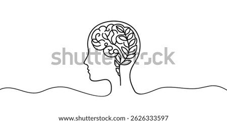 One continuous line drawing of human head with plant inside. Mental health and psychology vector concept. Creative ideas, grow up, positive thinking and self care. Growth mindset skills illustration