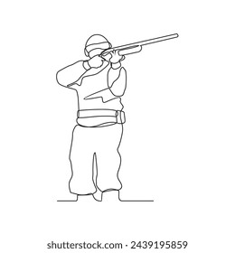 One continuous line drawing of a hunter is hunting animals in the forest with a rifle vector illustration. Hunting animal in forest activity illustration in simple linear style vector design concept.