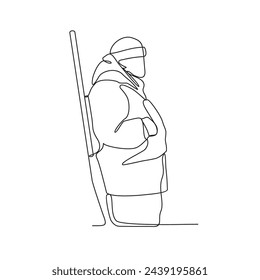Una línea continua de dibujo de un cazador es la caza de animales en el bosque con una ilustración vectorial de rifle. Ilustración de la actividad del animal de caza en el bosque en el concepto simple del diseño del vector del estilo lineal.