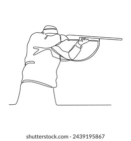 Una línea continua de dibujo de un cazador es la caza de animales en el bosque con una ilustración vectorial de rifle. Ilustración de la actividad del animal de caza en el bosque en el concepto simple del diseño del vector del estilo lineal.
