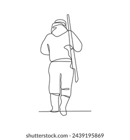 One continuous line drawing of a hunter is hunting animals in the forest with a rifle vector illustration. Hunting animal in forest activity illustration in simple linear style vector design concept.