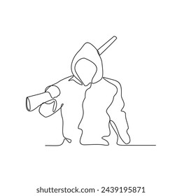 Una línea continua de dibujo de un cazador es la caza de animales en el bosque con una ilustración vectorial de rifle. Ilustración de la actividad del animal de caza en el bosque en el concepto simple del diseño del vector del estilo lineal.