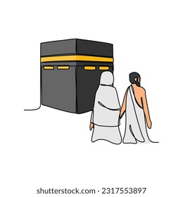 Un dibujo de la ceremonia del Día del Hajj. Fiesta islámica que cae en el décimo día de Dhu al-Hijah del calendario islámico lunar en un estilo simple lineal. Enfermedad vectorial del concepto de diseño islámico